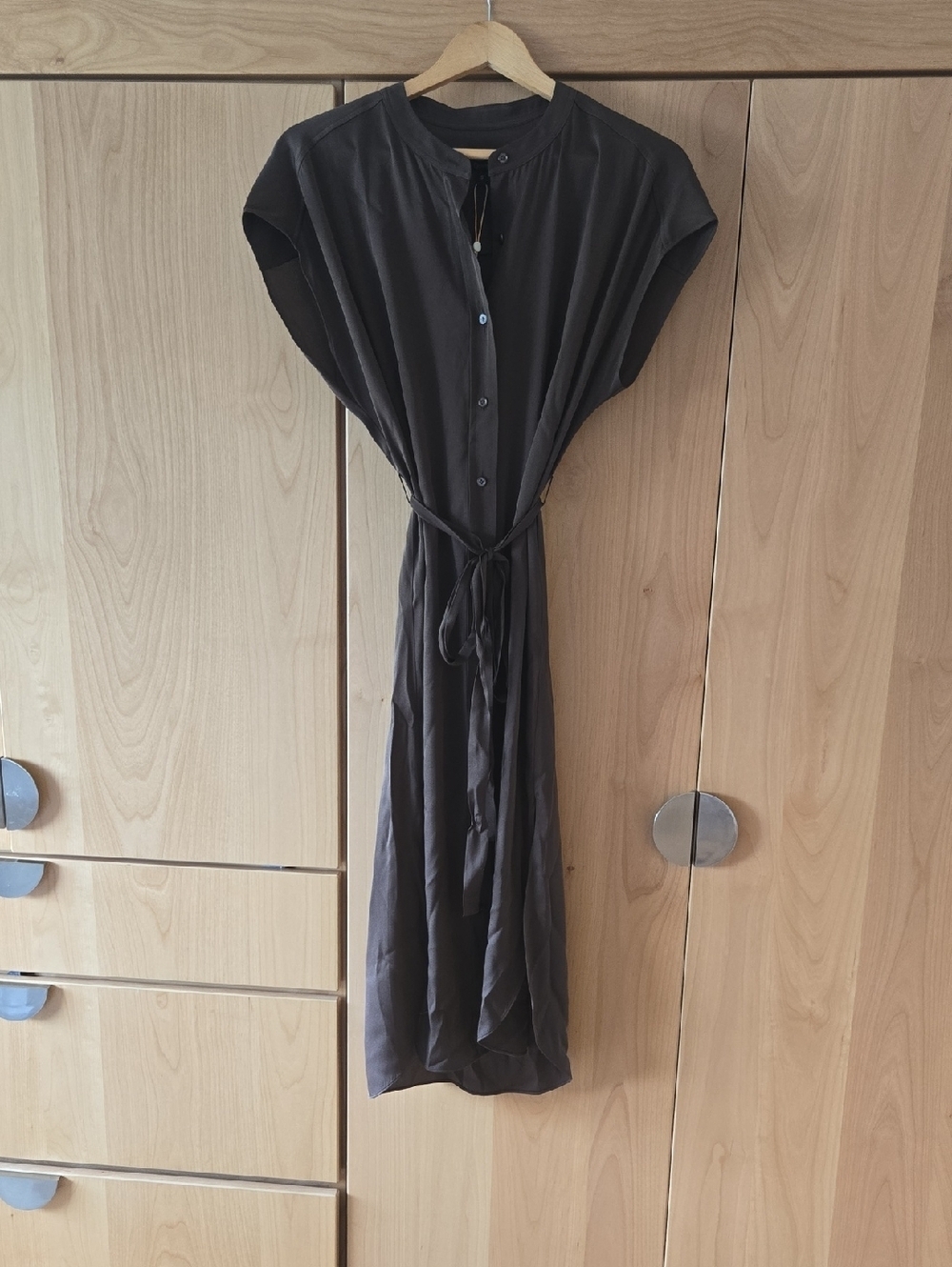 Quince Brown Silk Blend Button Dress with Tie, VGUC, With Tags, Quiet Lux, S